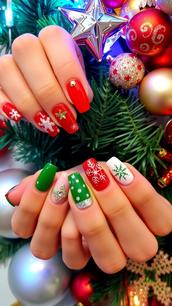 A collection of festive Christmas nail designs in red, green, and glitter, displayed with holiday decorations.